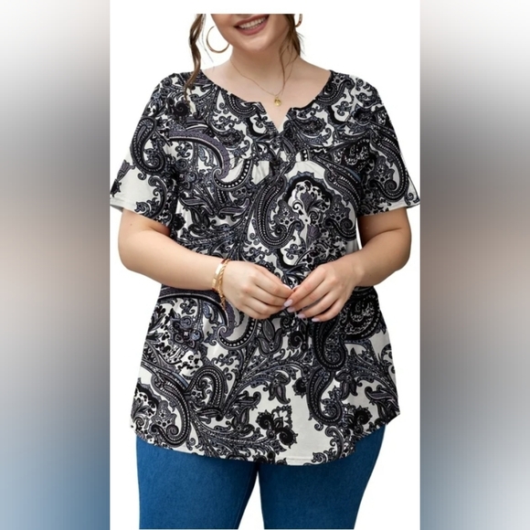 a.Jesdani Plus Size Tunic Tops Short Sleeve Casual Floral Henley Shirts NWT - Picture 1 of 10